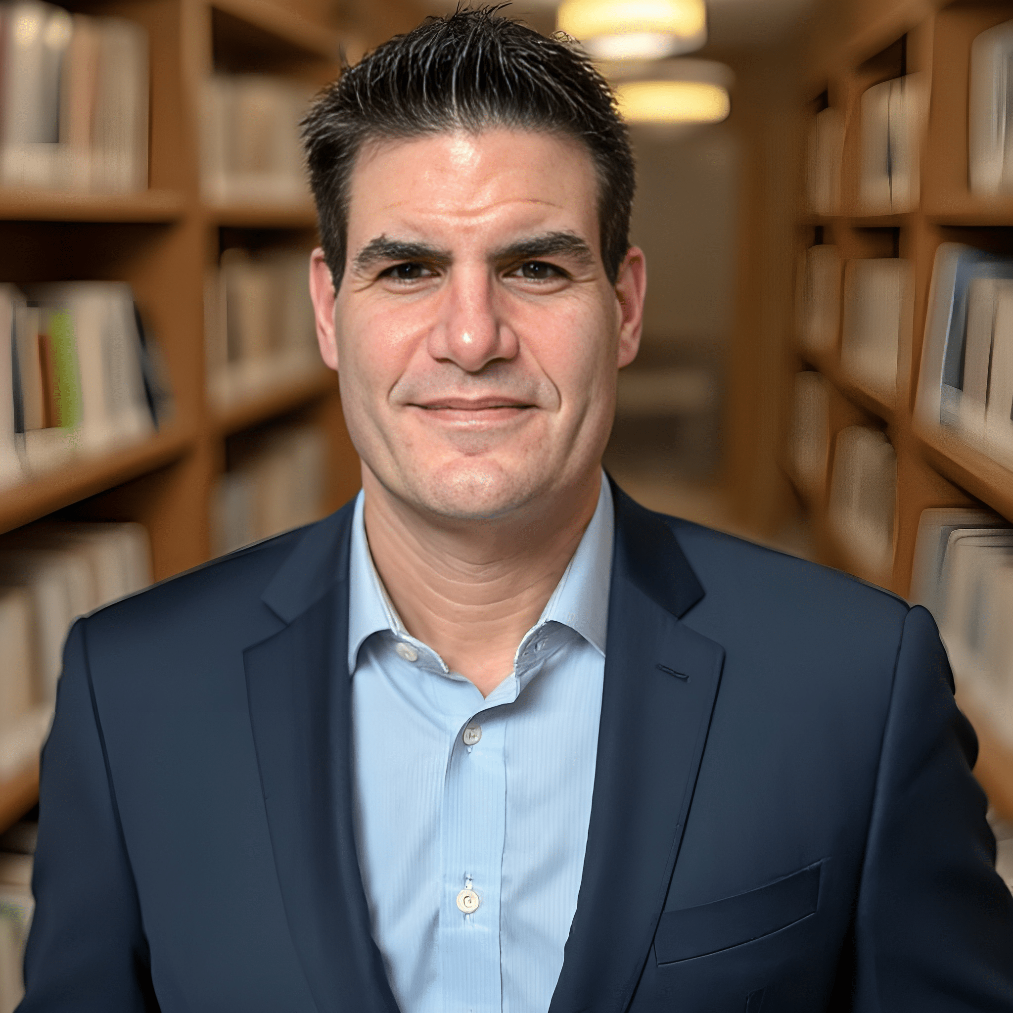 A Man in a Suit Stands Confidently in Front of a Large Library, Showcasing a Blend of Professionalism and Knowledge.